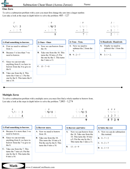 Subtraction Across Zeroes (Traditional) Worksheet -  worksheet
